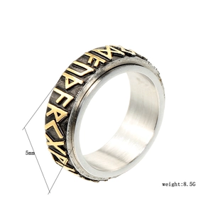 Detail of 5mm wide stainless steel spinner ring with Nordic runes and golden relief
