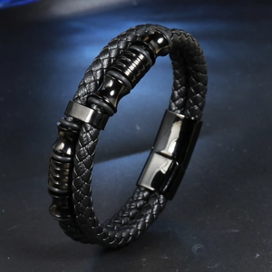 Double-layered black braided leather bracelet with magnetic stainless steel clasp for men