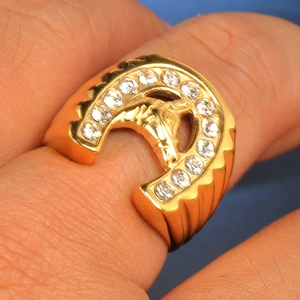 Hip hop gold titanium steel horseshoe ring with horse head relief and zircon stones