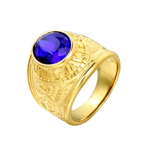 Men's gold plated navy seal ring with round blue gemstone and eagle engraving