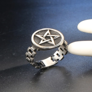 Men's vintage punk titanium steel ring with pentagram star and industrial link band