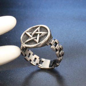 Men's titanium steel pentagram ring with vintage chain-link band design in silver
