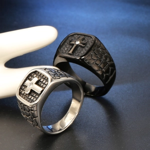 Mens silver and black cross rings with cubic zirconia inlay and textured rock finish