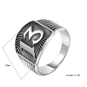 Macro detail of men stainless steel number 13 ring showing 16mm height and 7.6g weight