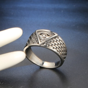 Retro stainless steel wide ring featuring the All-Seeing Eye triangle and brick textures