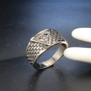 Vintage stainless steel all-seeing eye ring with embossed brick texture on the band