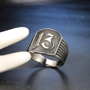 Men's retro stainless steel ring with shield design featuring number 13 engraving