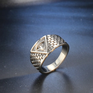 Men's titanium steel ring featuring Masonic Eye of Providence and brick texture