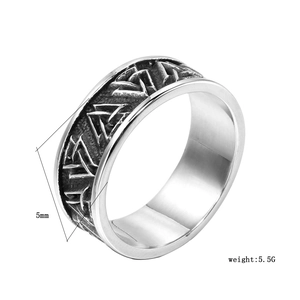 Detail of 5mm Viking Valknut ring in stainless steel with vintage silver and black finish