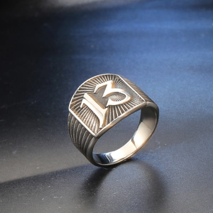 Vintage stainless steel ring for men featuring an engraved number 13 on a shield face