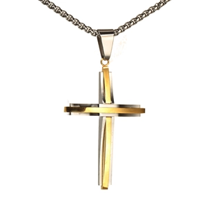 Men's hip hop two-tone double layer stainless steel cross pendant necklace with box chain