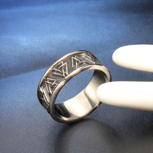 Vintage stainless steel ring with Celtic Valknut triangle patterns on model hand