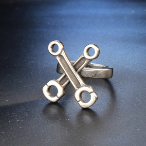 Industrial style stainless steel ring featuring crossed piston rod engine design for men