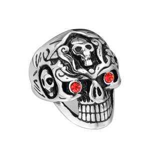 Gothic punk skull ring in silver stainless steel with red rhinestone eyes decoration