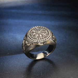 Vintage stainless steel Viking Vegvisir compass ring with double axe relief design
