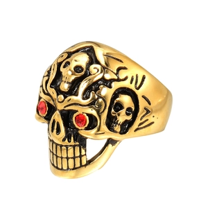 Punk Gothic Stainless Steel Skull Ring For Men Red Rhinestone Eye Biker Skeleton Rings Retro Distressed Jewelry Gift
