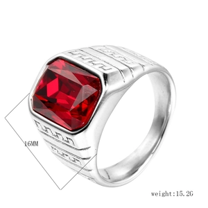 Polished steel men's ring featuring a rectangle red zircon and Greek meander patterns