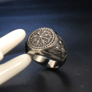 Vintage stainless steel Viking compass ring with detailed double battle axe relief engravings