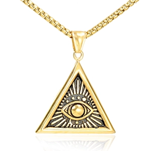 Punk vintage gold stainless steel necklace with eye of providence triangle pendant