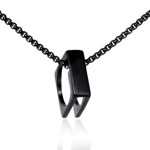 Minimalist black geometric rhombus pendant necklace with brushed stainless steel chain