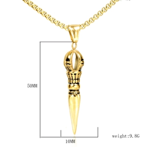 Detailed view of golden Vajra pestle pendant with 50mm height and 10mm width dimensions