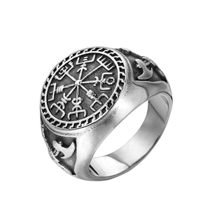 Viking Vegvisir Compass Stainless Steel Ring For Men Women Retro Double Axe Totem Punk Nordic Style Finger Ring Jewelry
