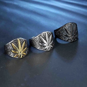Punk vintage stainless steel maple leaf rings for men in silver, gold and black finish