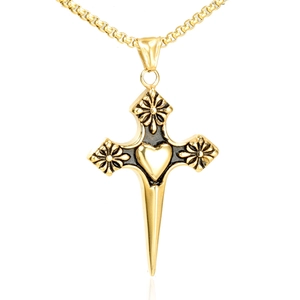 Pendentif Croix Cœur en Acier Inoxydable Vintage Seul Sans Chaîne Relief Fleur Gothique Punk Bijoux pour Femmes