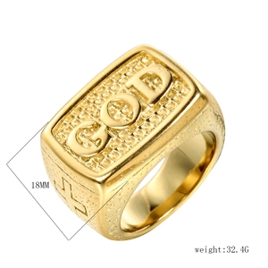 Bague pour homme en acier inoxydable doré avec croix et gravure GOD au style hip-hop
