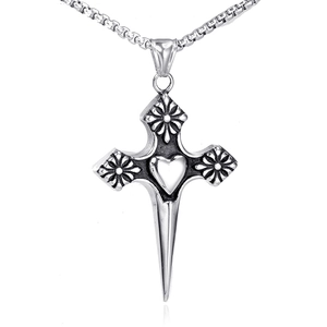 Collier pendentif croix vintage en acier inoxydable argenté avec cœur et chaîne box