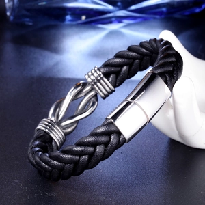 Men's black braided leather bracelet with silver metal twist knot and magnetic clasp