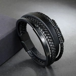 Men's multilayer black braided leather bracelet with magnetic buckle and steel hardware