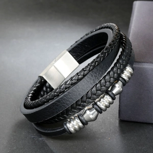 Men's multilayer leather bracelet with stainless steel beads and magnetic clasp