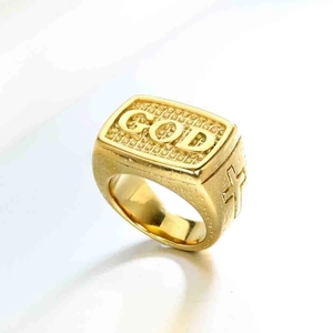 Bague en acier inoxydable 316 doré avec texte GOD et reliefs de croix latine