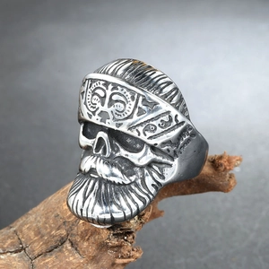Retro punk bearded skull ring in vintage titanium steel on natural wood background
