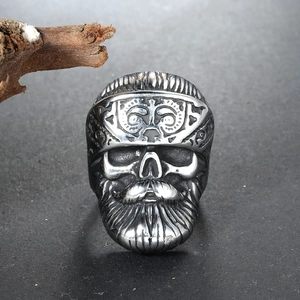 Vintage bearded skull ring in punk style stainless steel with ornate carvings