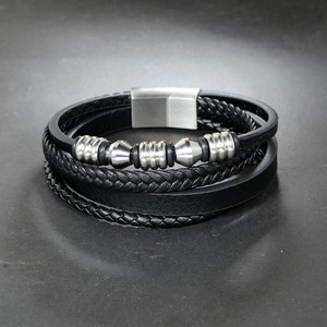 Men Multilayer Braided Leather Bracelet With Titanium Steel Magnetic Clasp Geometric Beads Punk Style Fashion Jewelry Gift