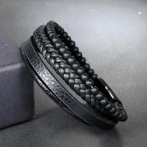 Men's multi-layer black leather bracelet with braided cord, beads and magnetic clasp
