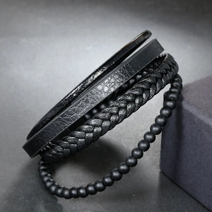 Men's multilayer black leather bracelet with magnetic clasp and matte beads
