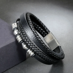 Multi-layer black leather woven bracelet for men with silver metal beads and magnetic clasp