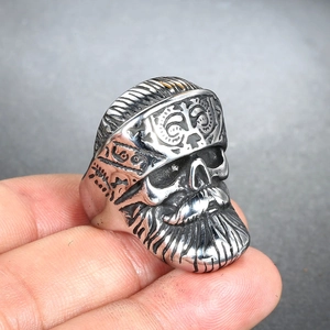 Punk style stainless steel skull ring with vintage beard texture and gothic metal finish