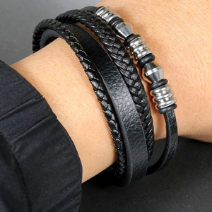 Men's multilayer black leather braided bracelet with stainless steel geometric magnetic clasp