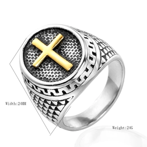 Bague hip hop pour homme avec croix en acier titane argenté et doré, largeur 24mm