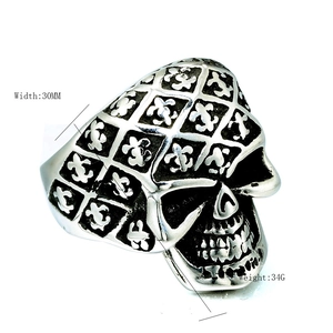 Vintage Gothic Skull Ring For Men Stainless Steel Fleur-de-lis Grid Pattern Punk Rock Biker Statement Ring Jewelry Gift
