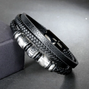Men's multilayer black leather bracelet with vintage silver beads and magnetic clasp