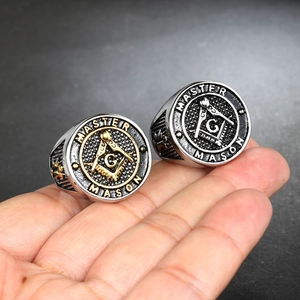 Master Mason Freemasonry signet rings in gold and silver finish on hand display