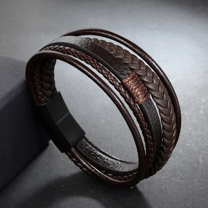 Men's multi-layer dark brown braided leather bracelet with matte black magnetic clasp