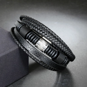 Men's multilayer braided leather bracelet with stainless steel rings and hardware