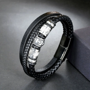 Multilayer men's leather bracelet with silver textured beads and magnetic buckle