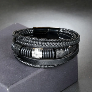 Men's multi-layer woven black leather bracelet with stainless steel magnetic clasp and beads